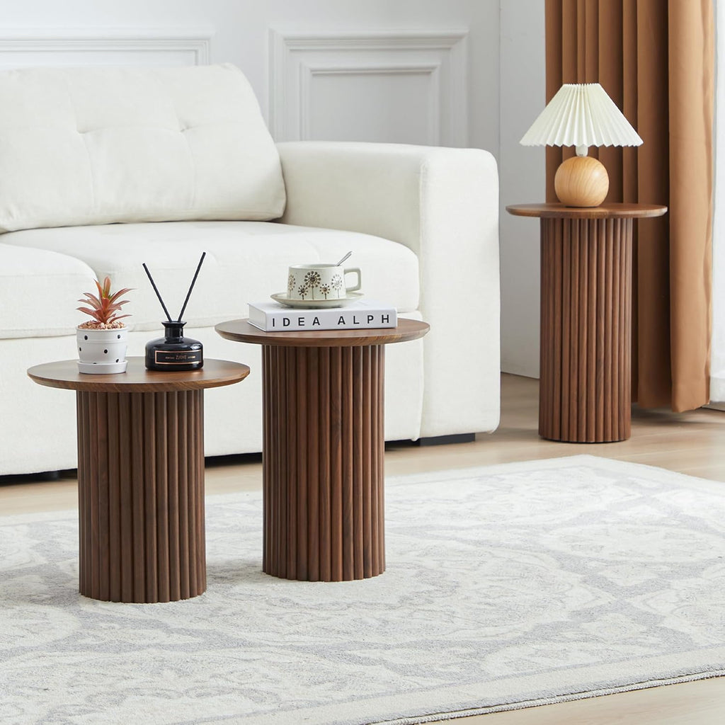 Bifins Round Nesting Coffee Table Set of 3,Mid Century Modern Fluted Coffee and End Table Set,Small Circle Wooden Side Table Drink Table for Living Room (Walnut)
