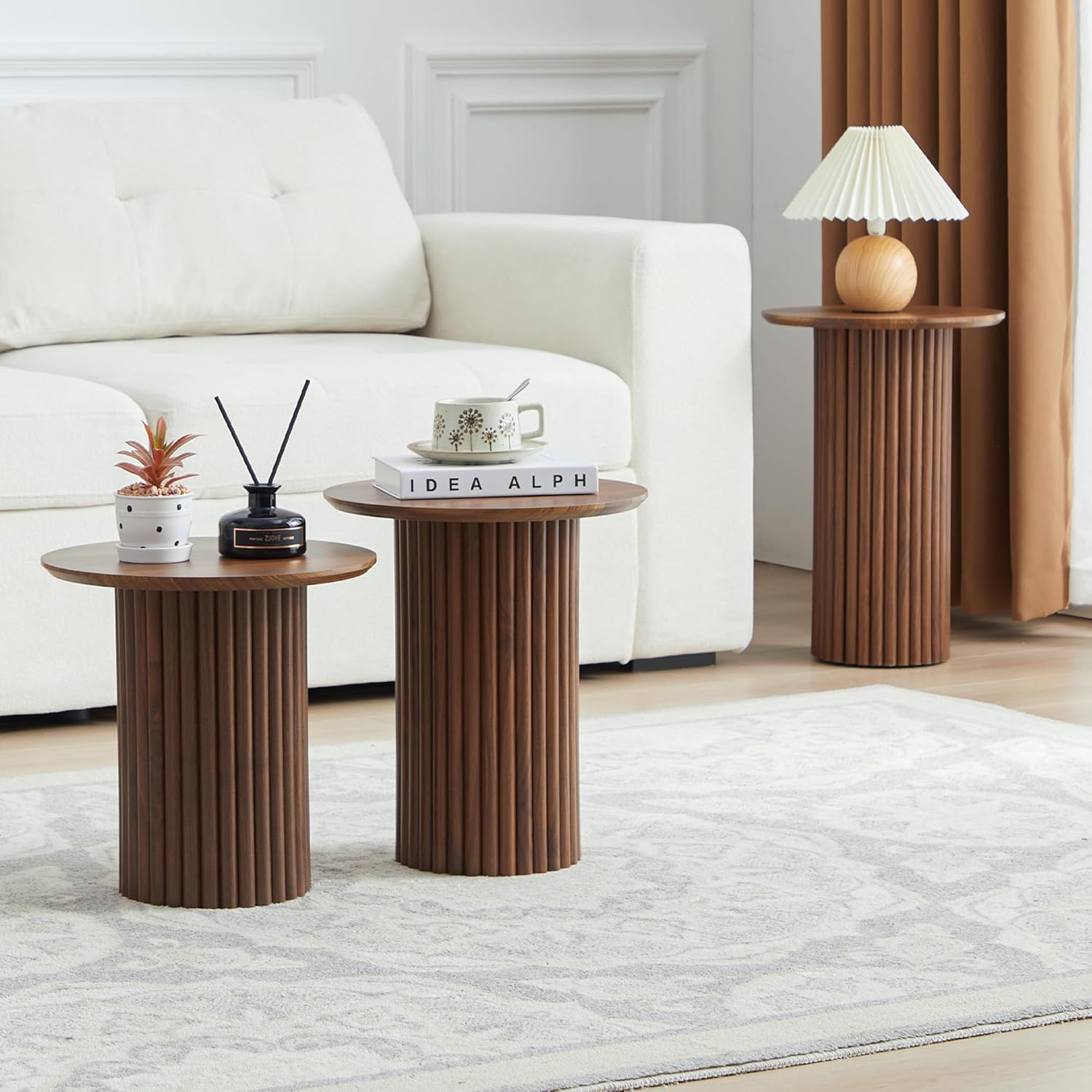 Bifins Round Nesting Coffee Table Set of 3,Mid Century Modern Fluted Coffee and End Table Set,Small Circle Wooden Side Table Drink Table for Living Room (Walnut)