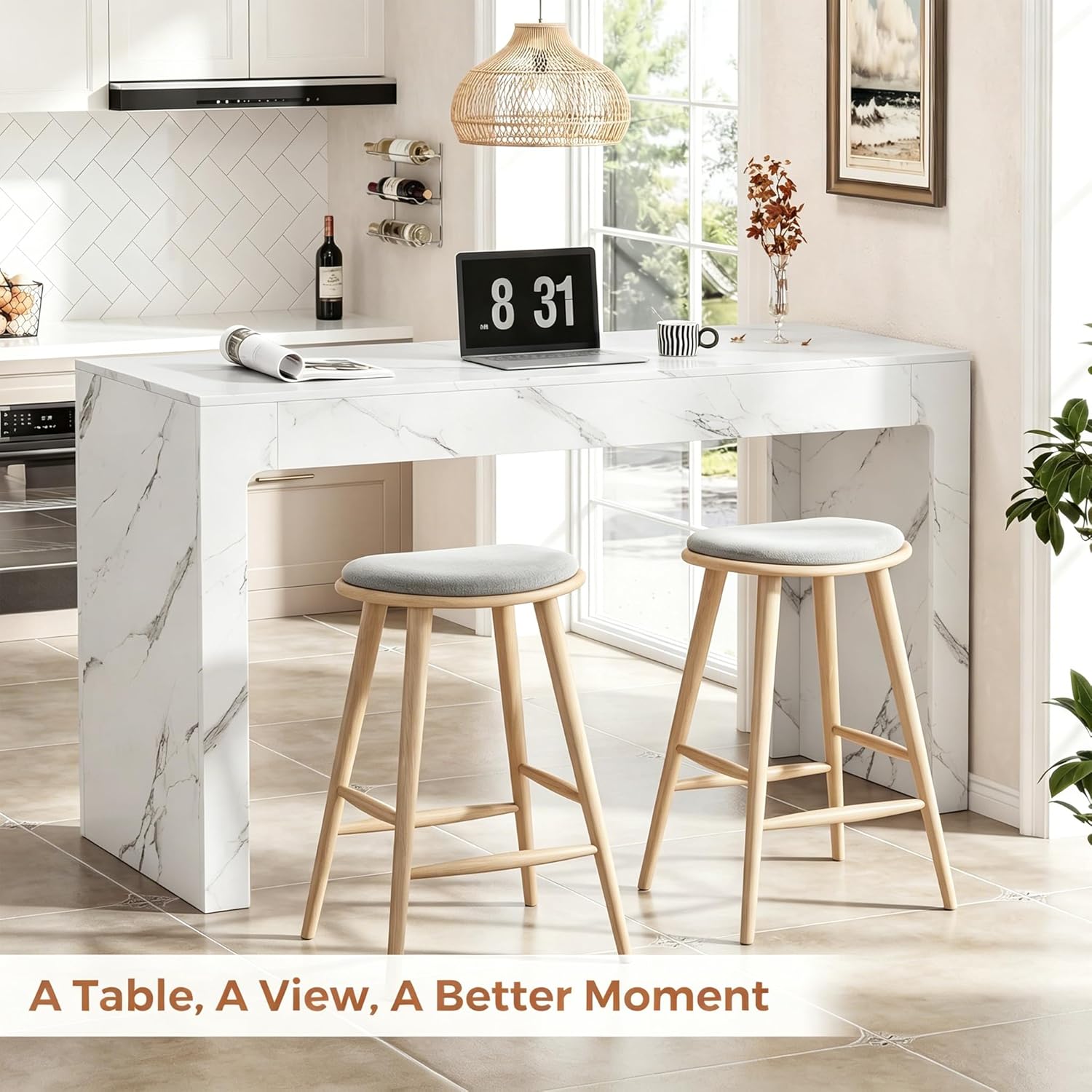 55” Bar Table，Modern Counter Height Pub Table, Long Bar Dining Table with Faux Marble Tabletop，Rectangular Home Bar Unit for 4-6 People, Kitchen, Living Room, Bar, Faux Marble
