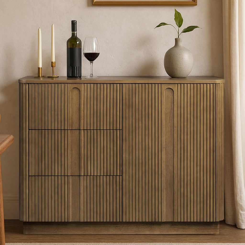Teamson Home 42'' W Scandinavian Style Sideboard with 3 Drawer 1 Door and Adjustable Shelf, Solid Wood Frame, Push to Open and Acacia Veneer Living Room Storage Furniture in Greige