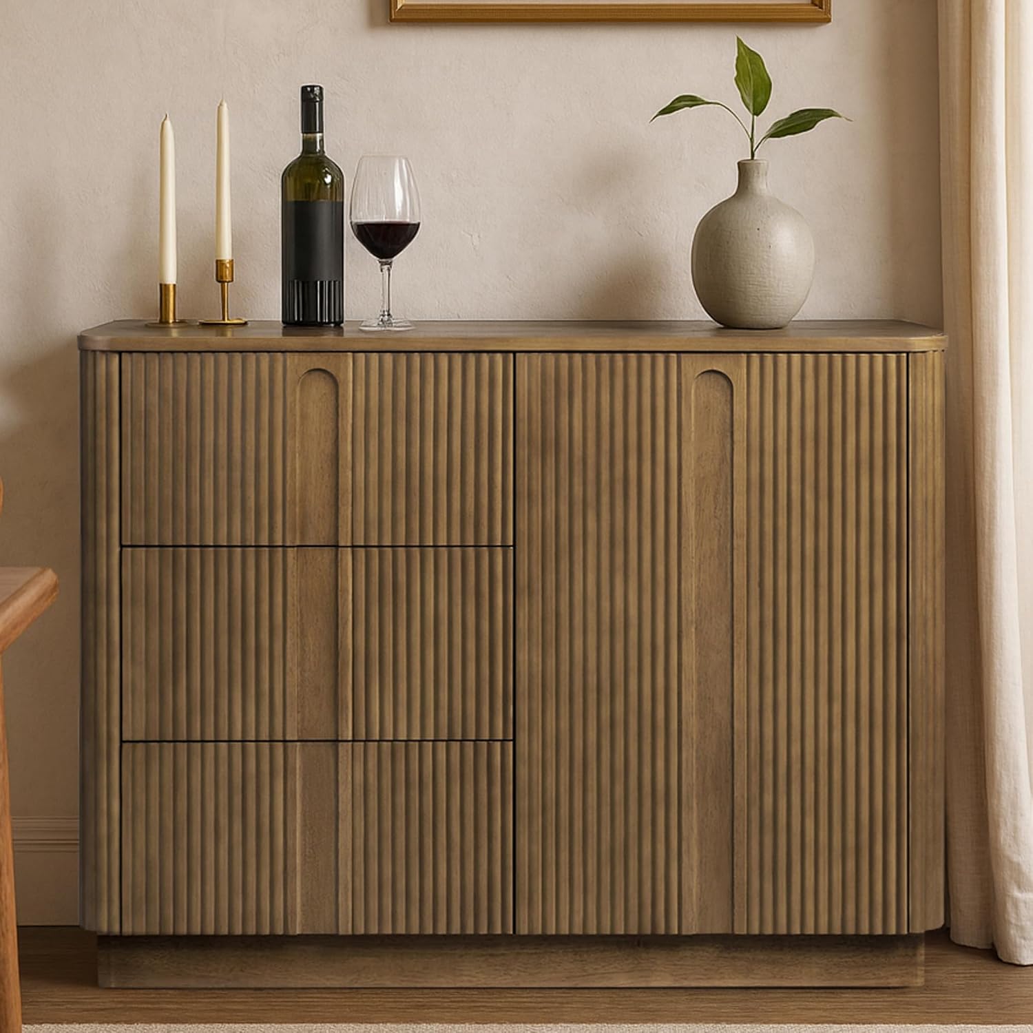 Teamson Home 42'' W Scandinavian Style Sideboard with 3 Drawer 1 Door and Adjustable Shelf, Solid Wood Frame, Push to Open and Acacia Veneer Living Room Storage Furniture in Greige