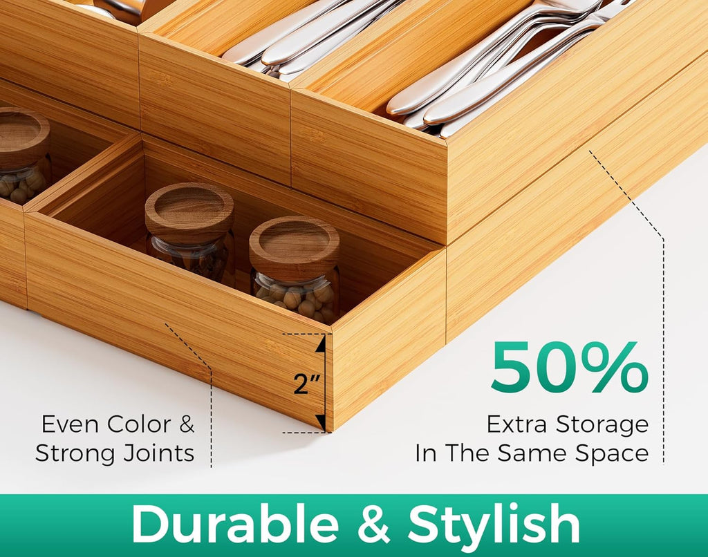 Long Bamboo Kitchen Drawer Organizer Boxes – 17" x 6" Stackable Wood Silverware Utensil Tray for Drawers Bins Cutlery & Flatware Storage – Wooden Pantry Organizers Set of 2 for Junk Drawer Bathroom Rv