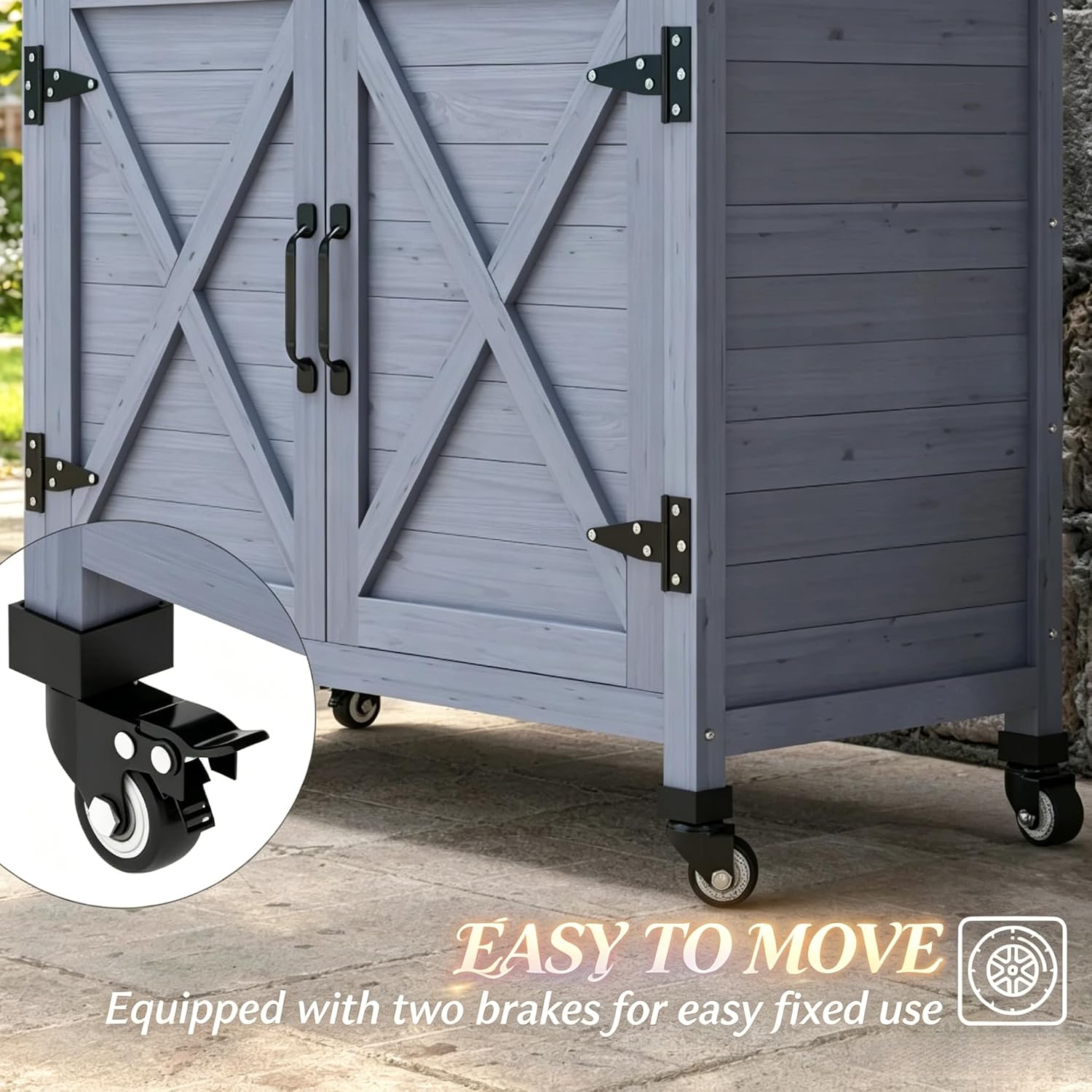 Backyard Storage Cabinet Wooden Outdoor Patio Storage Cabinet Rolling Potting Bench with Wheels Country Garden Potting Table Workstation