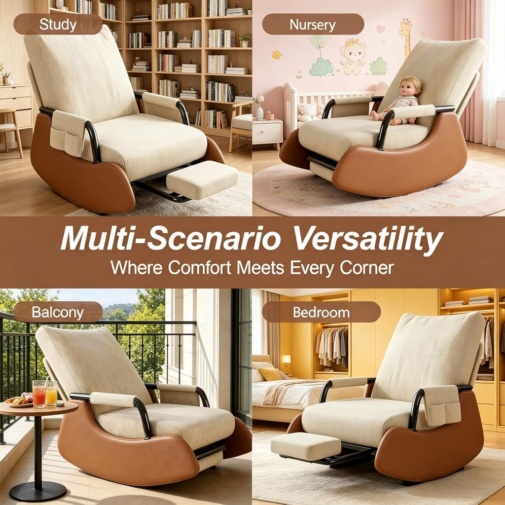 Rocking Chair Nursery with Foot Rest, Comfortable Upholstered Recliner Rocker with Side Pocket and Adjustable High Backrest, Soft Corduroy Modren Rocking Chair Living Room Bedroom, Beige