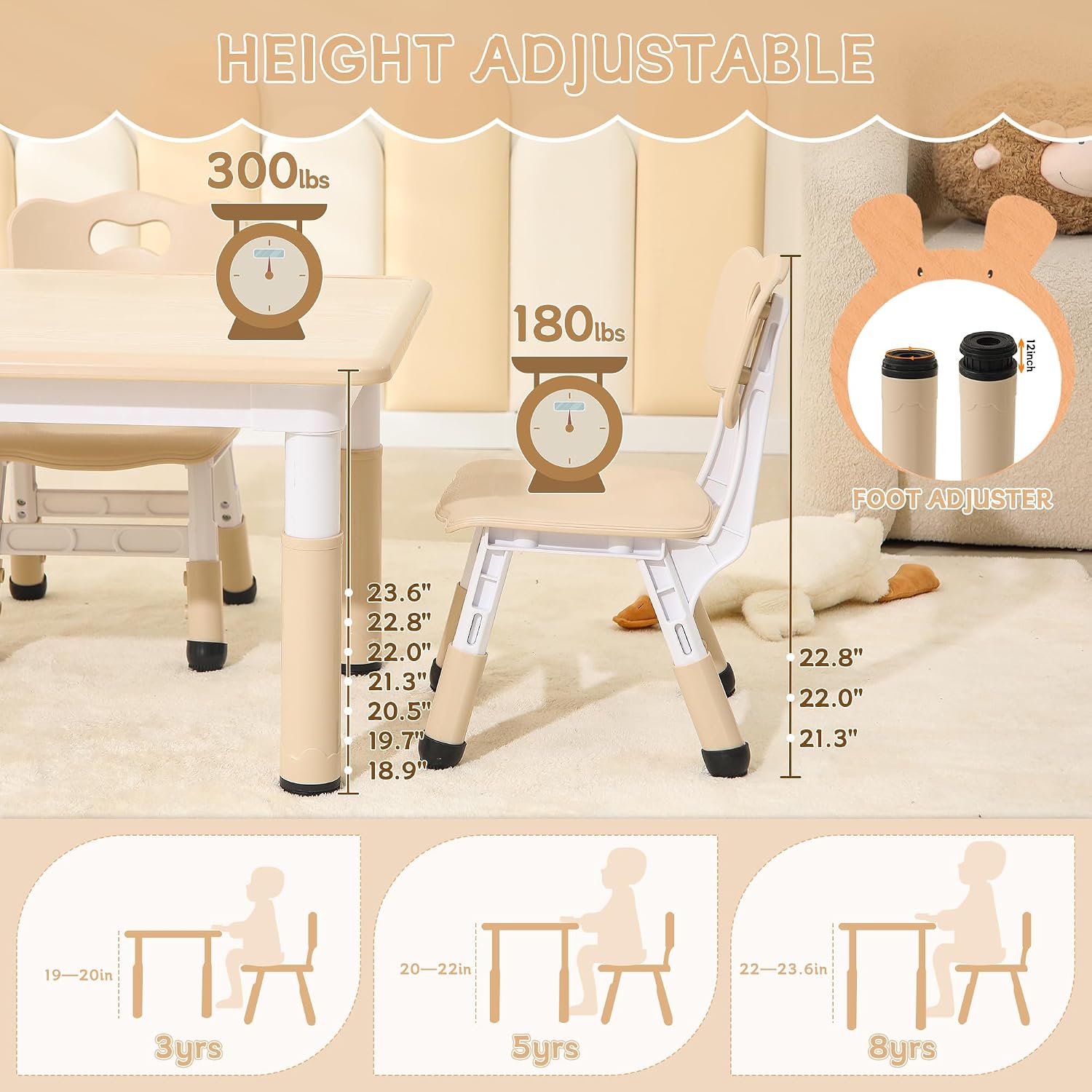 Height-Adjustable Kids Table and Chairs, 31.5''L x 23.6''W Toddler Table and 4 Chairs Set with Anti-Slip Foot Covers, Children Activity Table for Ages 2-10, Graffiti Desktop
