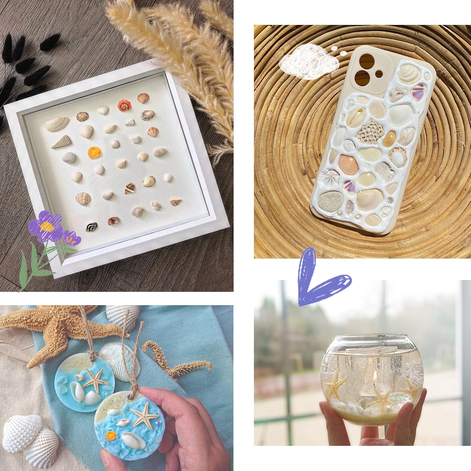 Premium Tiny Seashell Mix, Including Sea Shells, Sea Snails and Starfish total 300+PCS (8 Kinds), Shells for Crafts Decorating Resin and Mosaics Projects DIY Crafts Home Decor Beach Themed Party