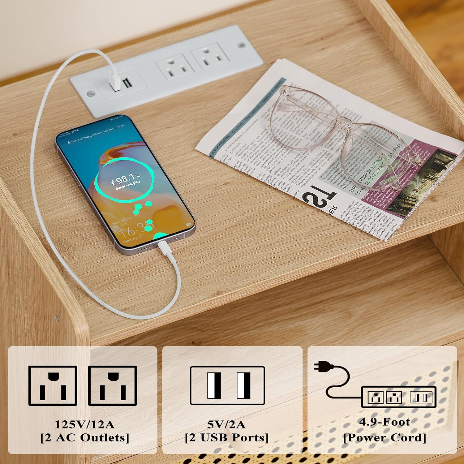 Lerliuo Rattan Nightstand with Charging Station, Boho Night Stand | Side Table with Drawer Open Shelf, Cane Accent Bedside End Table for Bedroom, Dorm and Small Spaces