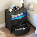 Dystler Fluted Night Stand with Gun Drawer & Card-Lock, 19.7" W Curved Nightstand with Charging Station and LED Lights, 2 Drawers Smart Bedside Table for Bedroom (1, Black)