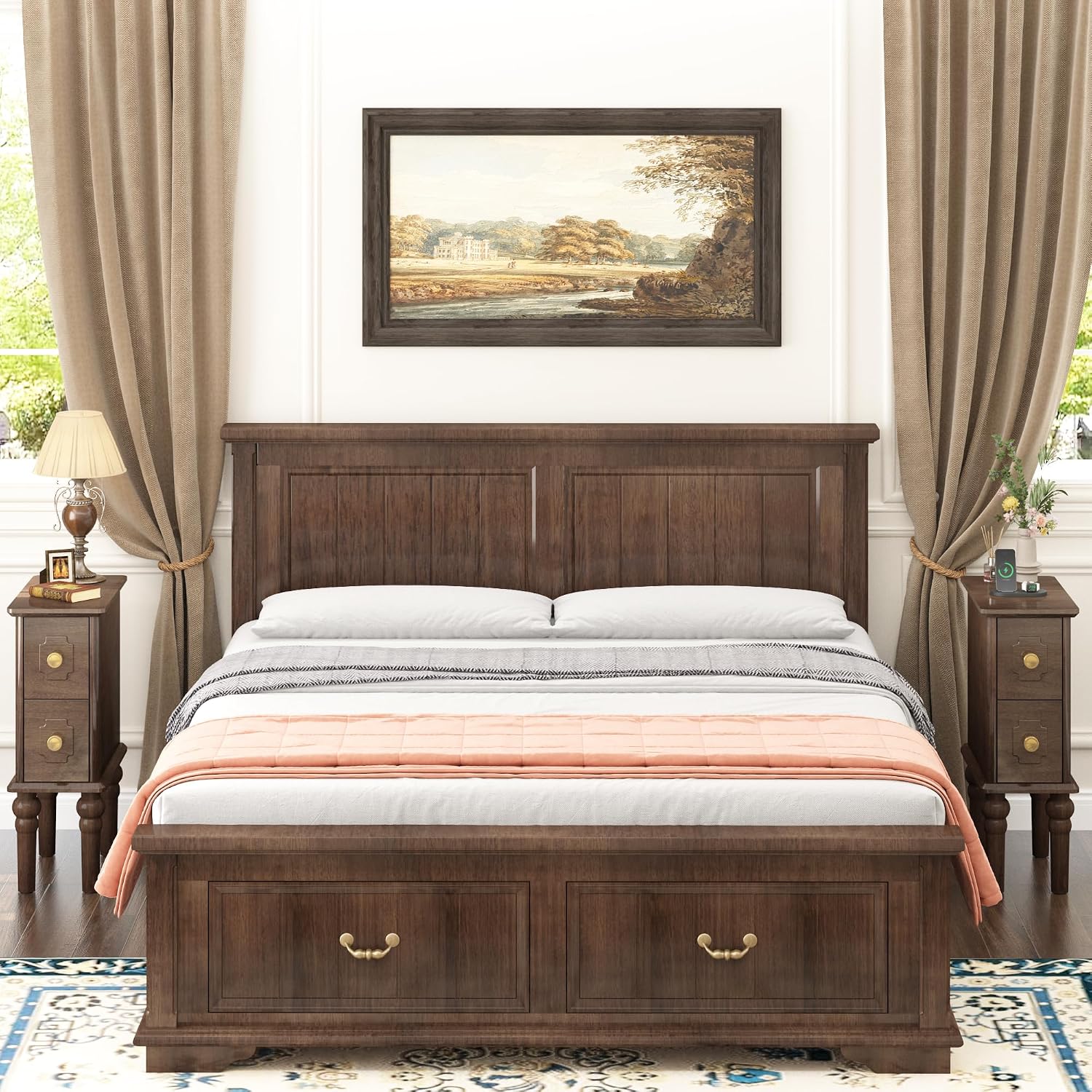 Solid Wood End Table, Walnut Narrow Side Table with Drawers, Small Nightstand Skiny Beside Table for Small Space, Living Room, Bedroom, 8" Width