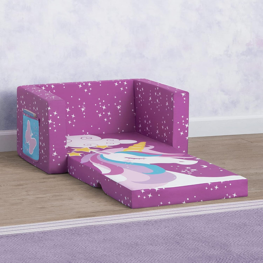 Delta Children Cozee Kids Couch 2-Seater Kids Sofa, Convertible 2-in-1 Flip Open Toddler Couch Sleeper, Foam Chair for Playroom & Bedroom, Bed Lounger, Comfy Play Sleeping Lounge Chair, Unicorn