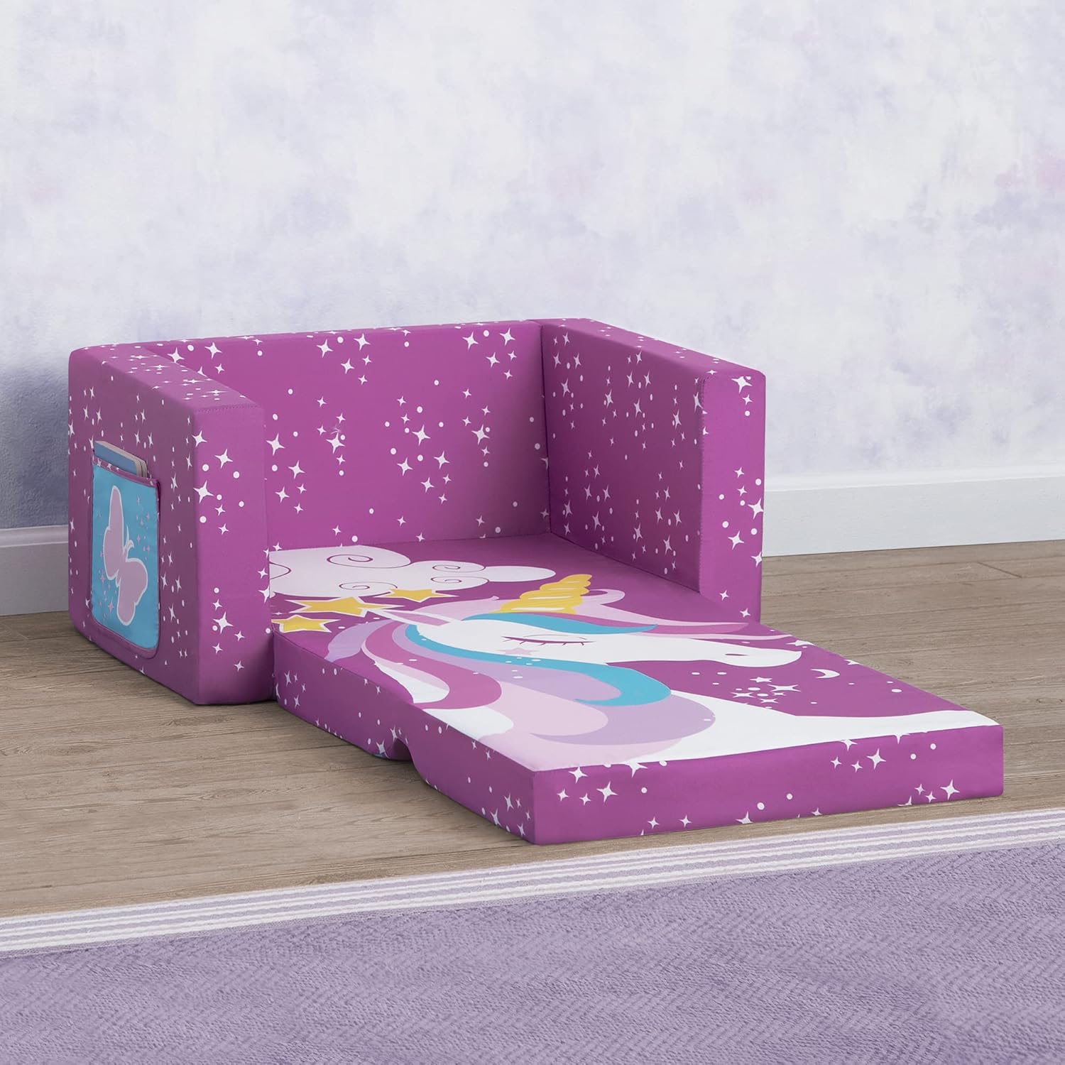 Delta Children Cozee Kids Couch 2-Seater Kids Sofa, Convertible 2-in-1 Flip Open Toddler Couch Sleeper, Foam Chair for Playroom & Bedroom, Bed Lounger, Comfy Play Sleeping Lounge Chair, Unicorn