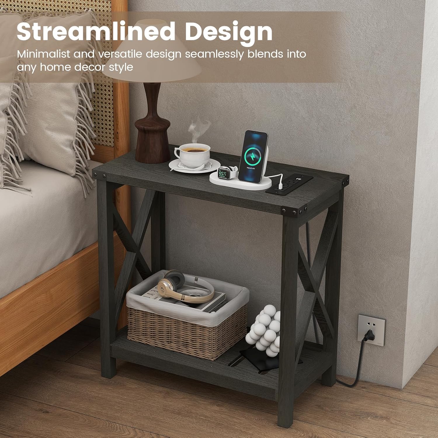Hadulcet Farmhouse End Tables Living Room Set of 2 - Narrow Side Table with Charging Station, Slim Nightstand for Small Space, Skinny Bedside Table, Sofa Side Table with Storage Shelf, Black