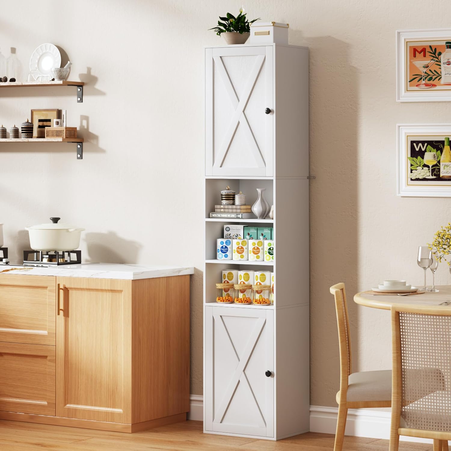 HUAHUU 70.8" Tall Kitchen Pantry Storage Cabinet, Slim Cabinet with 2 Barn Doors & Adjustable Shelves & Open Compartments, Cupboard for Kitchen, Dining Room, Living Room and Bathroom, White