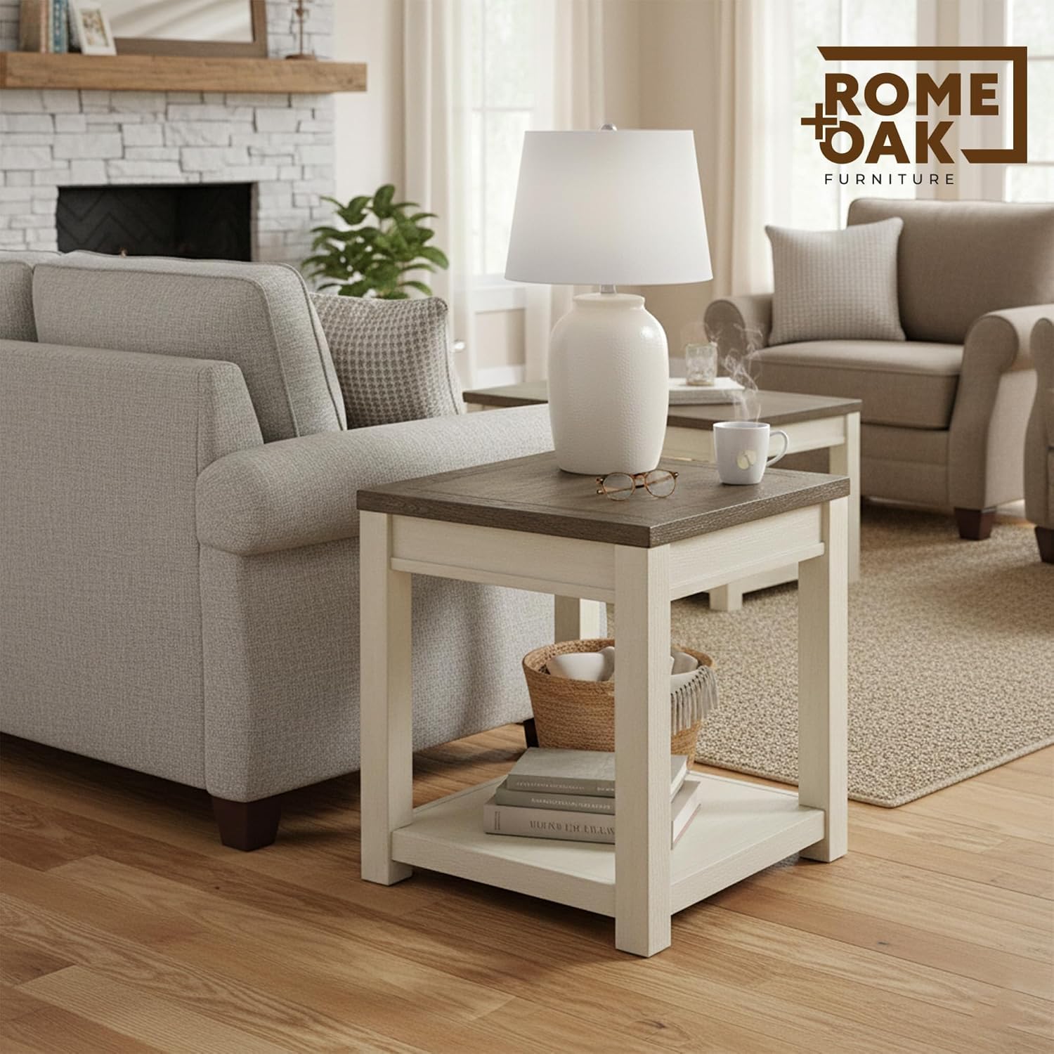ROME + OAK Tate Farmhouse End Table, Wooden Home Accent Furniture with Shelf, Weathered Brown and Cream - for Living Rooms, Bedrooms, or Entryways