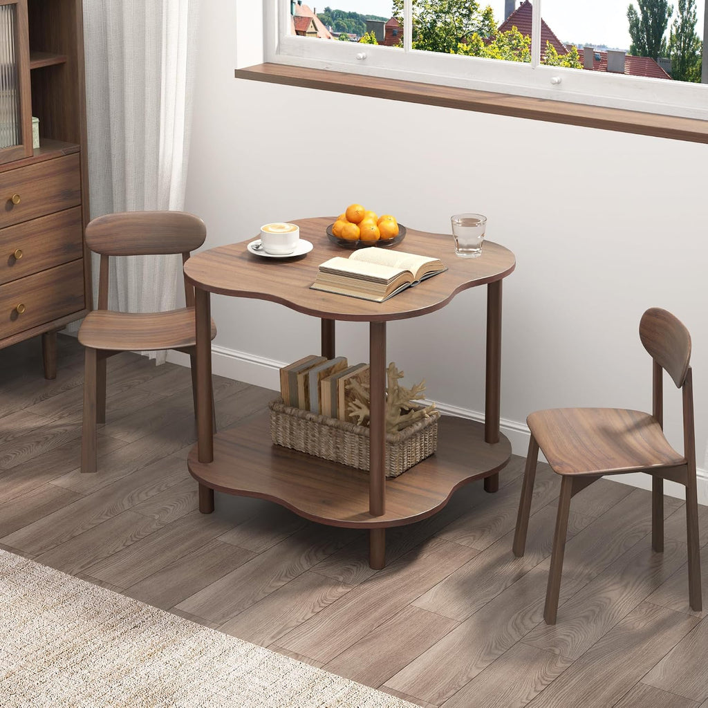 Wood End Side Table with Storage Shelf, 2-Tier Flower Shaped Coffee Table for Living Room, Walnut Sofa Tables, Modern Accent Side Tables for Couch, Farmhouse Nightstand for Bedroom, Small Spaces