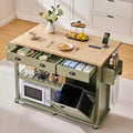 ONBRILL 56" Kitchen Island with Drop Leaf, Rolling Kitchen Cart with Trash Cabinet, Power Outlet, 2-Tier Open Shelves, 3 Drawers, Spice & Paper Towel Racks, 6 Wheels (4 Locking) for Dining Room, Green