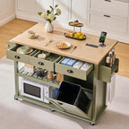 ONBRILL 56" Kitchen Island with Drop Leaf, Rolling Kitchen Cart with Trash Cabinet, Power Outlet, 2-Tier Open Shelves, 3 Drawers, Spice & Paper Towel Racks, 6 Wheels (4 Locking) for Dining Room, Green