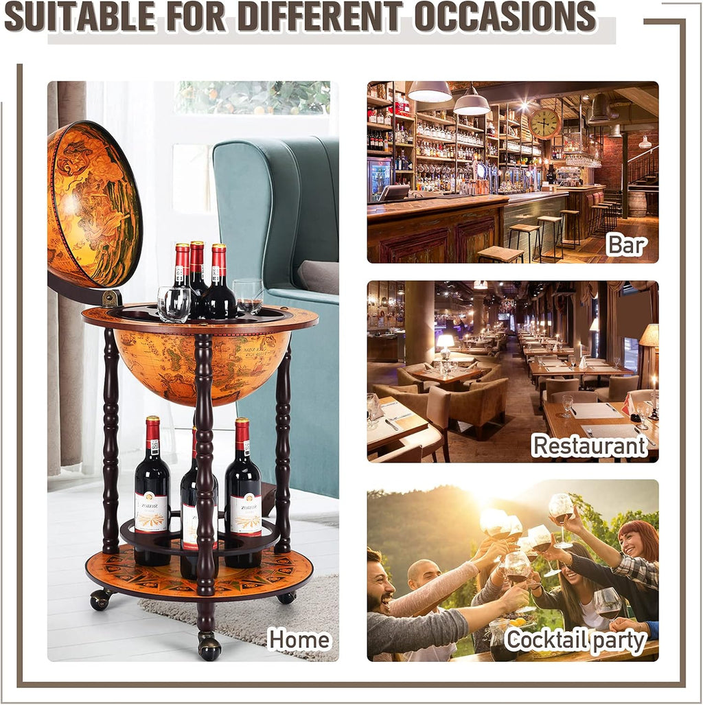 TANGZON 330MM/360MM Globe Drinks Cabinet, Movable Whisky Wine Spirits Cabinet with Casters, Wine Container Minibar Storage Wooden Cart (Brown)