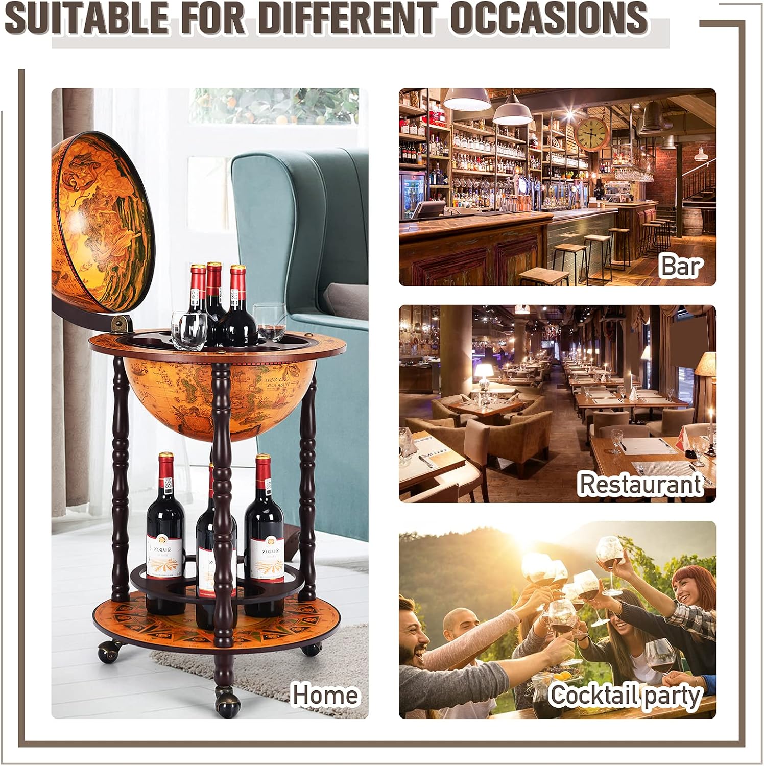 TANGZON 330MM/360MM Globe Drinks Cabinet, Movable Whisky Wine Spirits Cabinet with Casters, Wine Container Minibar Storage Wooden Cart (Brown)