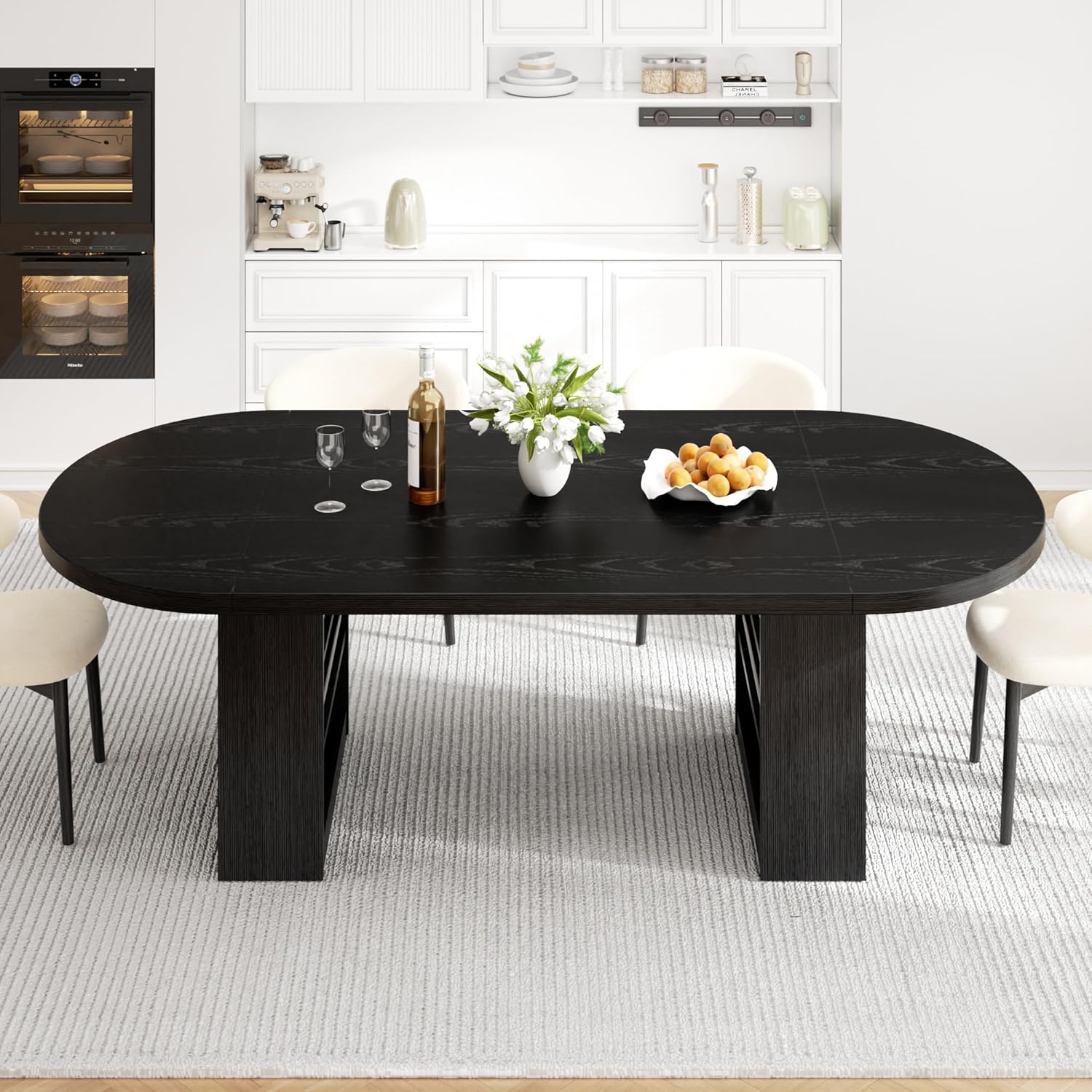 Jocoevol 78.7" Dining Table for 6-10 People, Oval Dining Room Table with 3-Tier Storage Shelf, Modern Black Kitchen Tables with Heavy Duty Pedestal Base for Home, Dining Room, Black