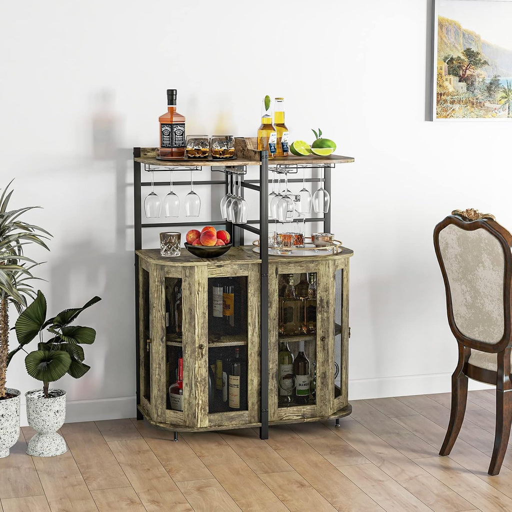 Giantex Corner Bar Cabinet with Glass Holder, Industrial Wine Cabinet with Metal Mesh Doors & Adjustable Shelf, Buffet Cabinet with Anti-tip Kit for Home Kitchen Dining Room Bistro