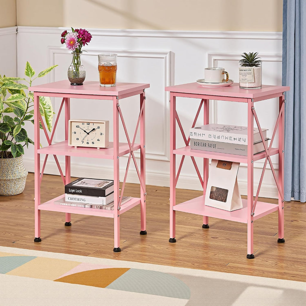 VECELO End Table Set of 2, Nightstand, 24" Tall Living Room Side Tables, X-Design Reinforced Bedside Table, Nightstands with 3-Tier Storage Shelves for Small Spaces, Office, Bathroom, Bedroom, Pink