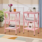 VECELO End Table Set of 2, Nightstand, 24" Tall Living Room Side Tables, X-Design Reinforced Bedside Table, Nightstands with 3-Tier Storage Shelves for Small Spaces, Office, Bathroom, Bedroom, Pink