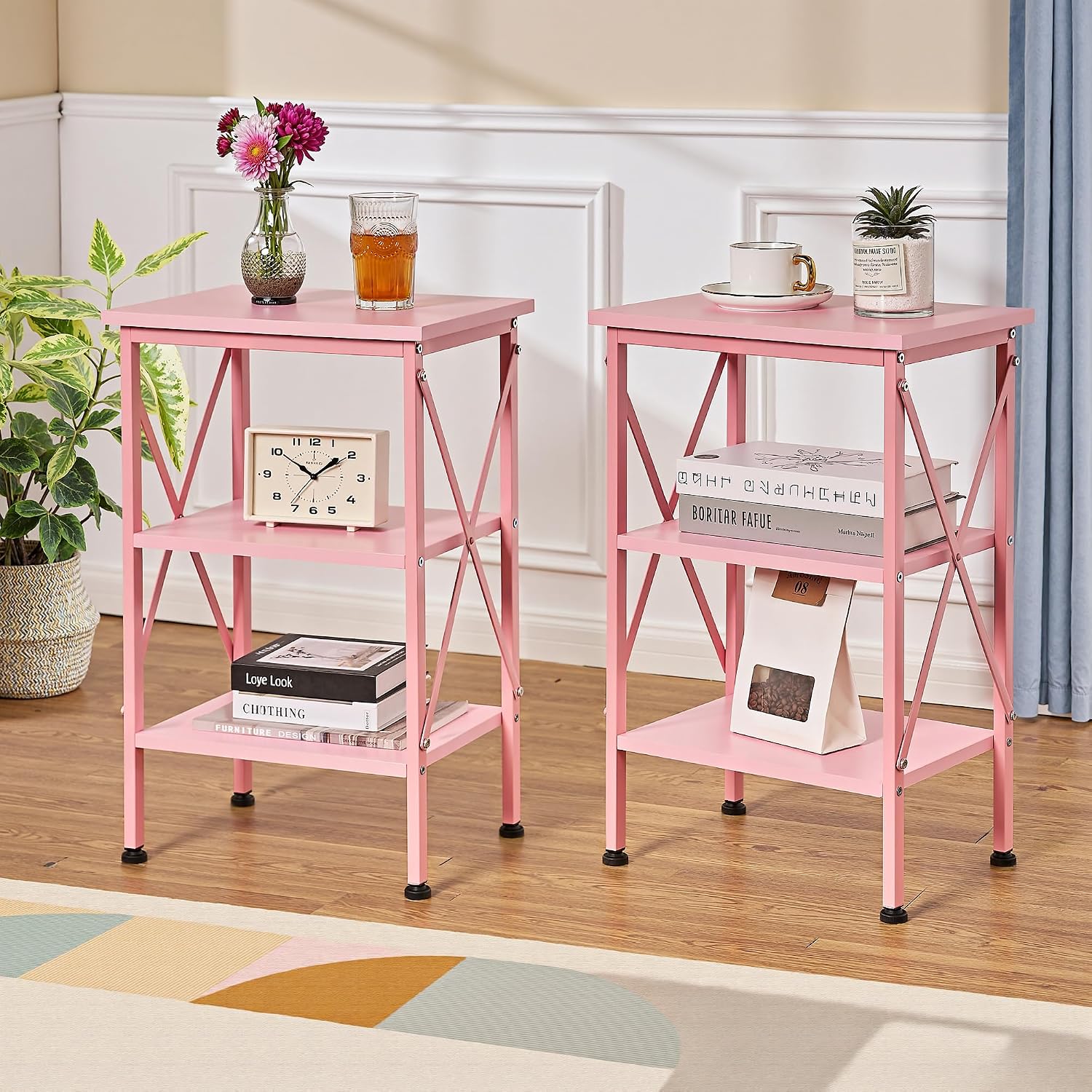VECELO End Table Set of 2, Nightstand, 24" Tall Living Room Side Tables, X-Design Reinforced Bedside Table, Nightstands with 3-Tier Storage Shelves for Small Spaces, Office, Bathroom, Bedroom, Pink
