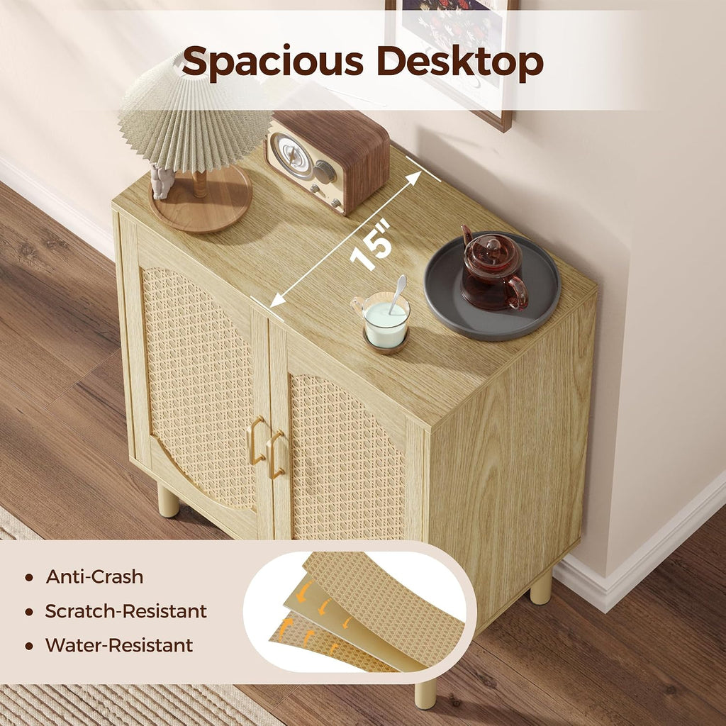 Sideboard Buffet Cabinet with Storage, Small Rattan Entryway Credenza | Modern Console Cabinet with Doors & Adjustable Shelf, Wood Buffet for Kitchen, Dining Room, Living Room, Light Oak