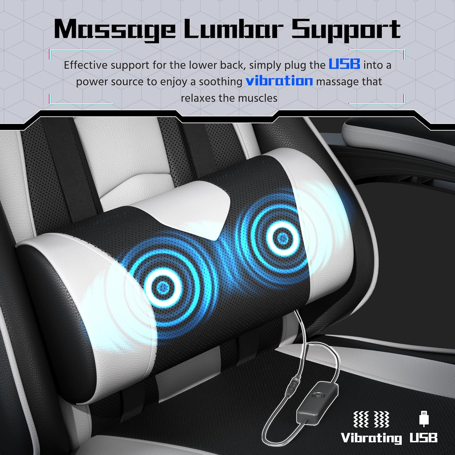 Yaheetech Gaming Chair with Electric Massage Lumbar Support, Footrest & Headrest — Ergonomic High Back Recliner for Home Office, Computer Desk Chair, Height Adjustable, 300 lbs, Black/White