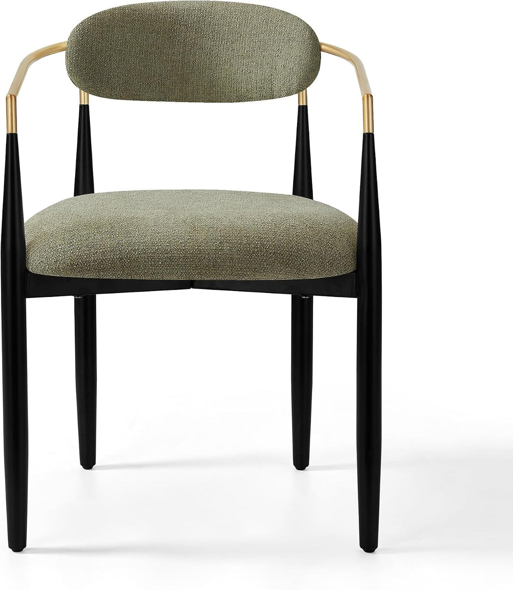 Morden Fort Set of 2 Chenille Upholstered Dining Chairs with Arms,Black Metal Frame with Gold Accent,Padded Kitchen,Green