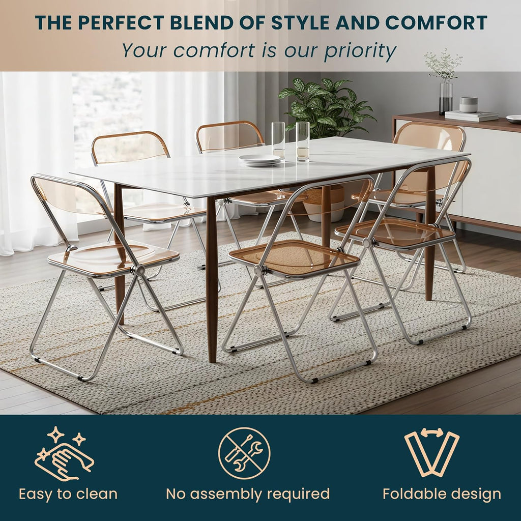 LeisureMod Lawrence Modern Clear Acrylic Folding Chair with Metal Frame, Space-Saving Transparent Seating for Dining Room, Home Office, Bedroom, Vanity or Small Spaces, (Amber, Set of 4)