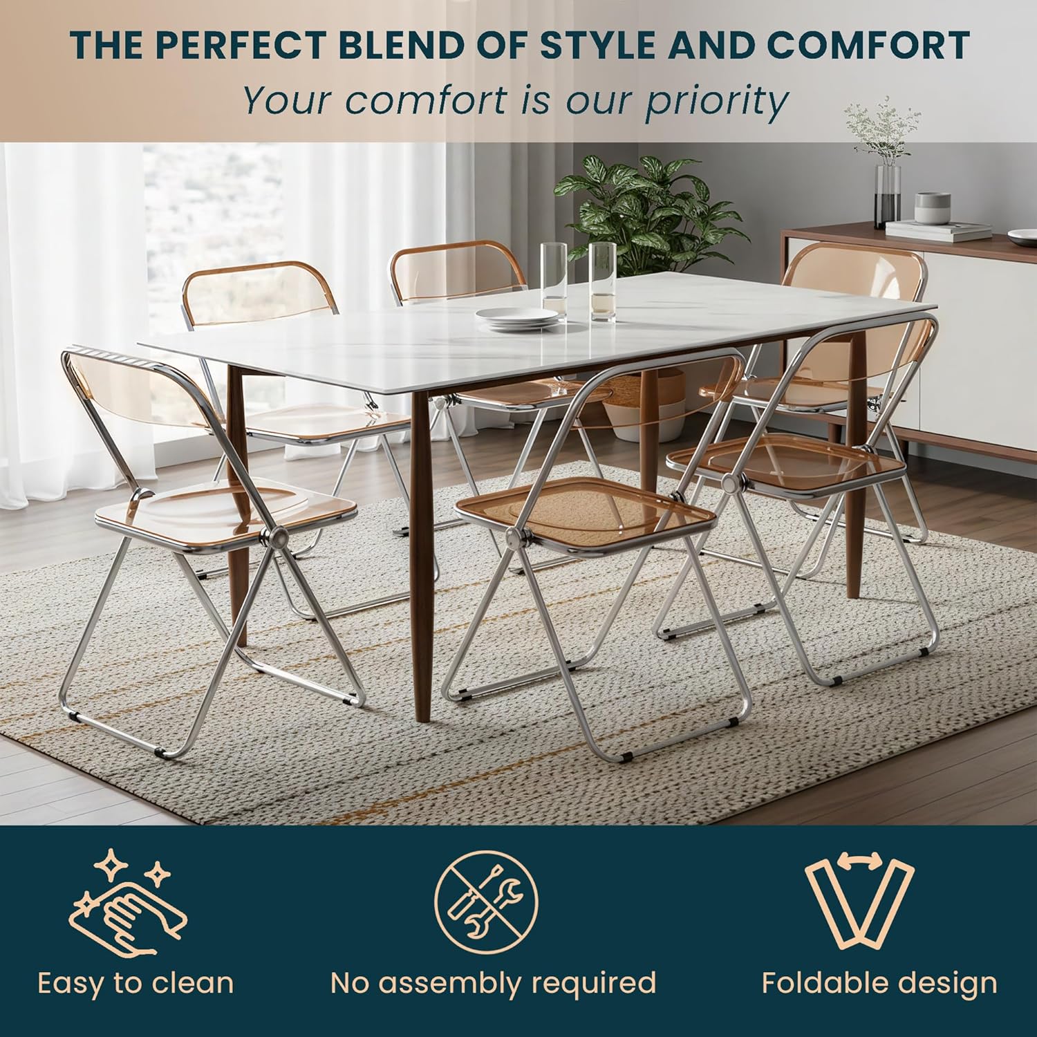 LeisureMod Lawrence Modern Clear Acrylic Folding Chair with Metal Frame, Space-Saving Transparent Seating for Dining Room, Home Office, Bedroom, Vanity or Small Spaces, (Amber, Set of 4)