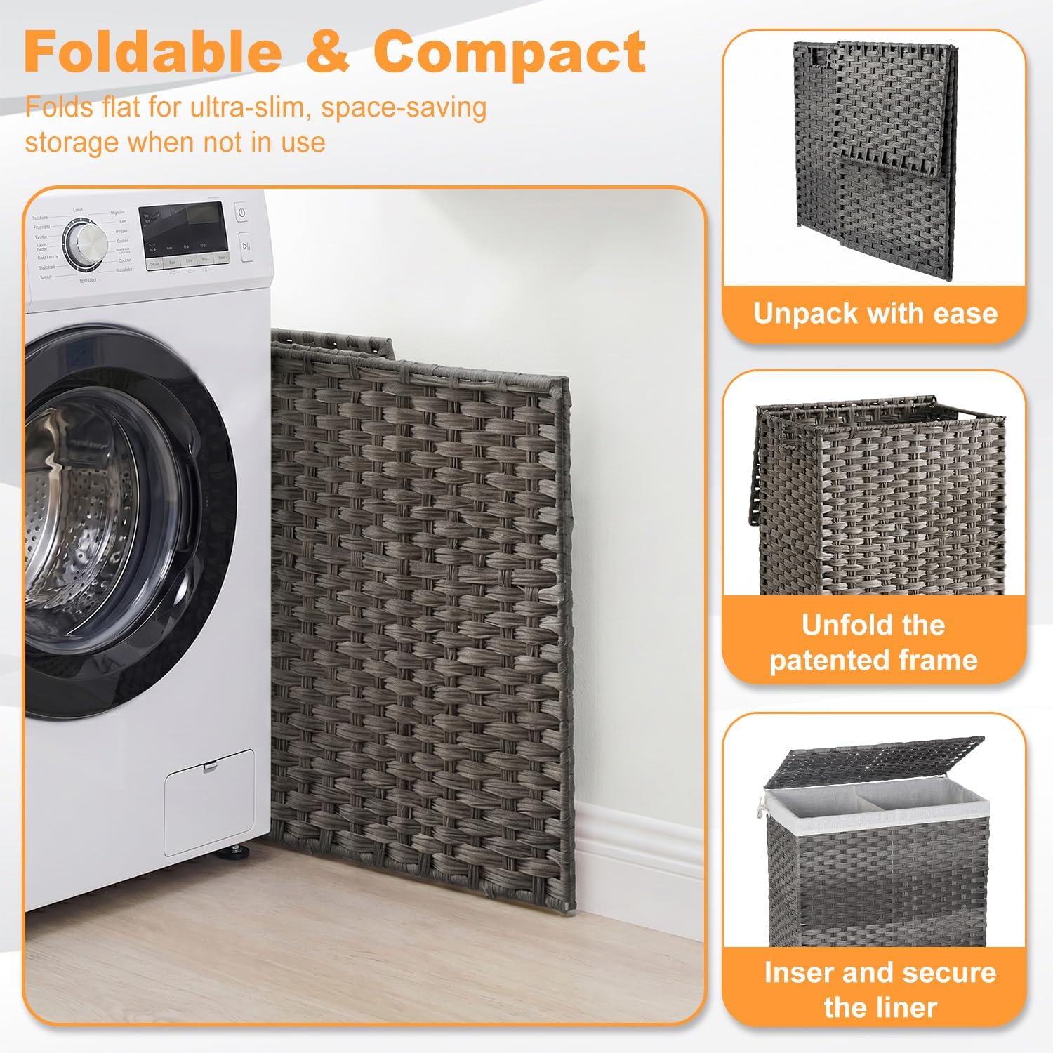 FDW Handwoven Laundry Hamper with Lid, 110L Foldable Rattan Clothes Basket with 2 Removable Liners & 6 Mesh Laundry Bags for Bathroom Bedroom, Grey