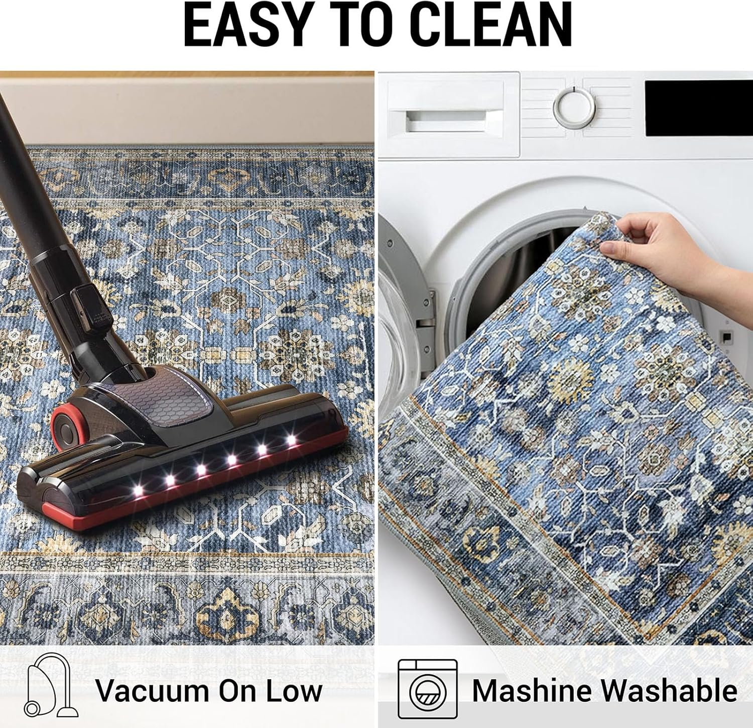 KUTA Vintage 2x3 Rugs for Entryway, Non-Slip Washable Area Rug & Indoor Door Mat with Floral Print, Blue Grey Beige Ultra Thin Soft Low-Pile Throw Rug for Kitchen Front Door, Bedside, Small Spaces
