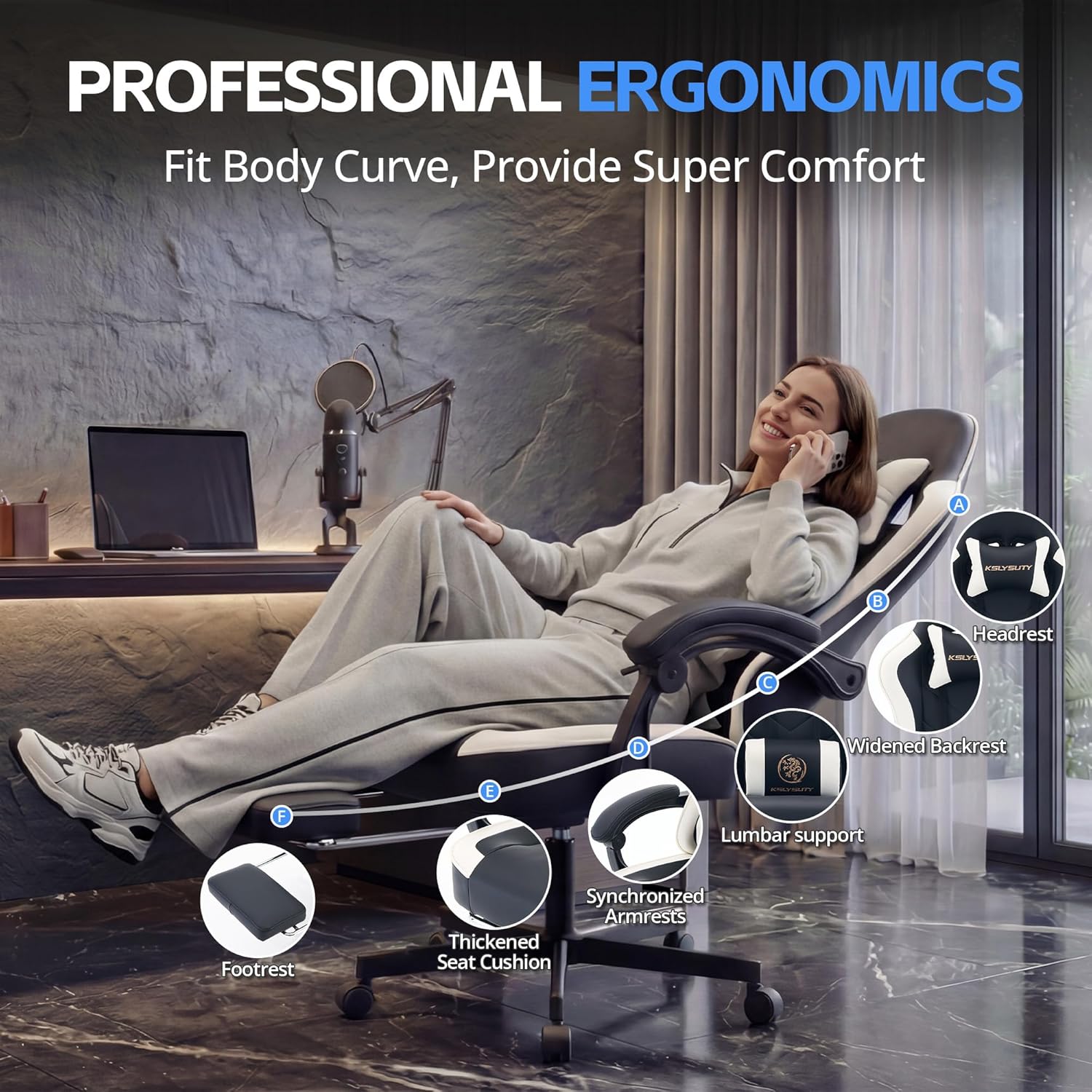 Desk Computer Gaming Chair - High Back Ergonomic Office Chair with Footrest and Lumbar Support, Swivel Comfy Home Gamer Video Game Chairs with Pocket Spring Cushion for Adults (White Leather)