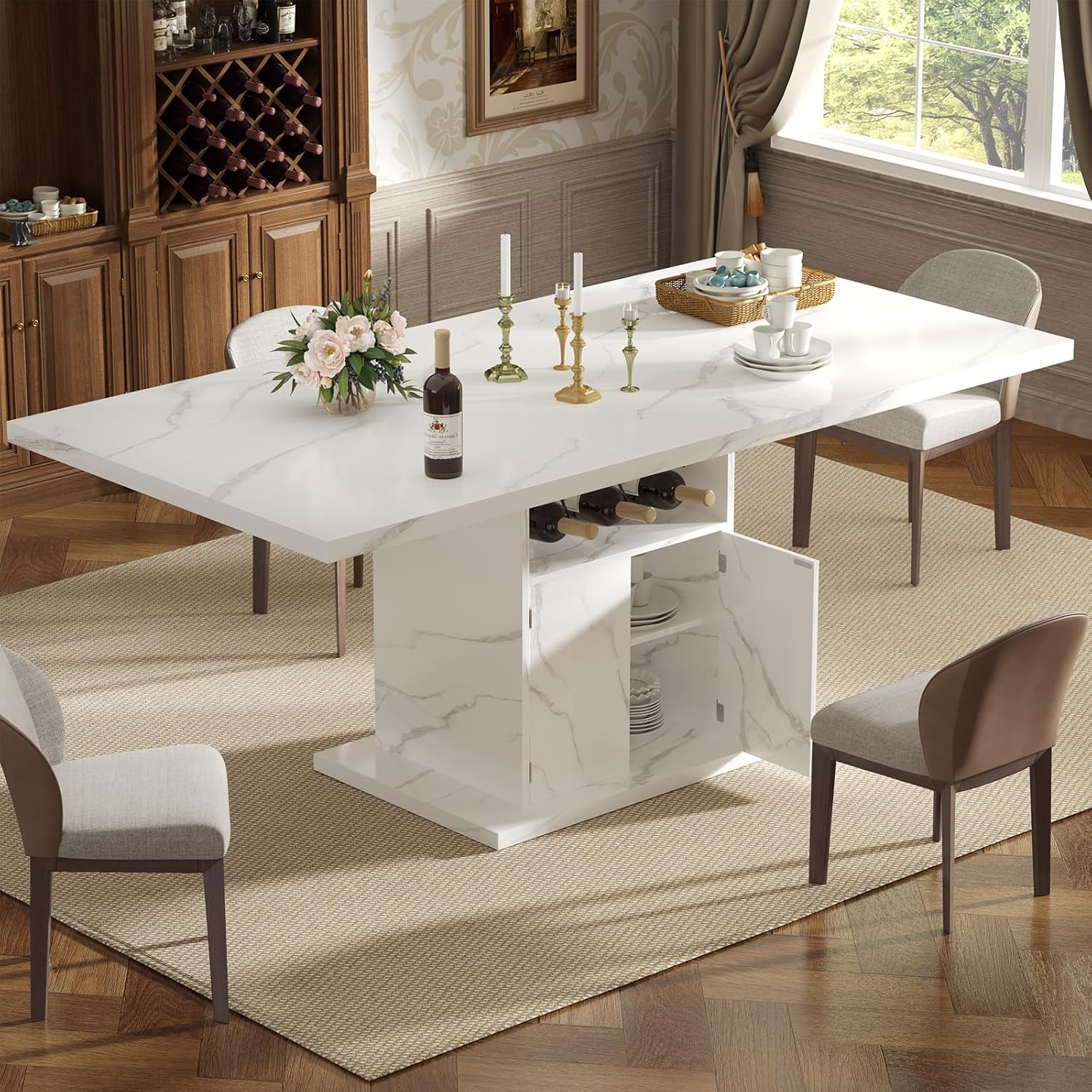 Extendable Dining Table for 4-6, 47-63 Inch Faux Marble Extendable Dining Room Table, Modern Expandable Rectangle Kitchen Dining Table with Storage for Kitchen Living Room
