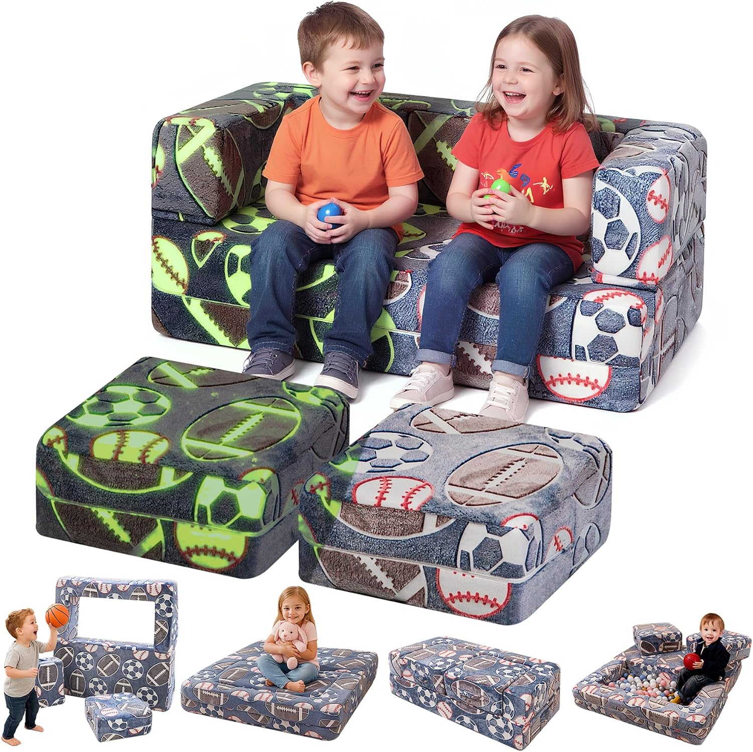 Cvortll Modular Kids Play Couch, Glow in Dark Kids Sofa, Child Sectional Sofa, Toddler Play Couch Fold Out Kid Sofa for Playroom & Bedroom Furniture for Boys Girls, Ball