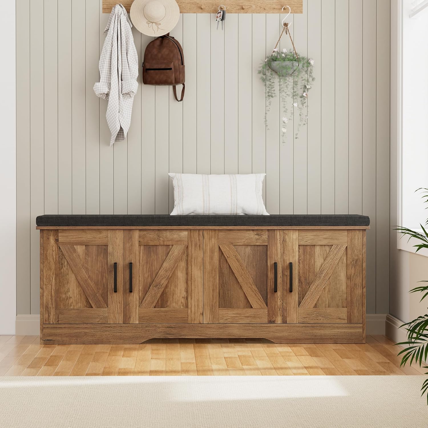 HOMSHO 2-Tier Storage Bench, 47.2" Wide Shoe Bench with Padded Seat Cushion, Entryway Bench with 4 Barn Doors and Adjustable Shelf, Rustic Walnut