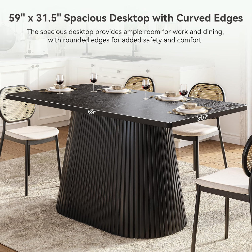 LITTLE TREE 59" Farmhouse Dining Table for 4-6 People, Modern Rectangular Kitchen Table with Metal Pedestal Base, Perfect for Dining Room, Kitchen, Living Room (Black)