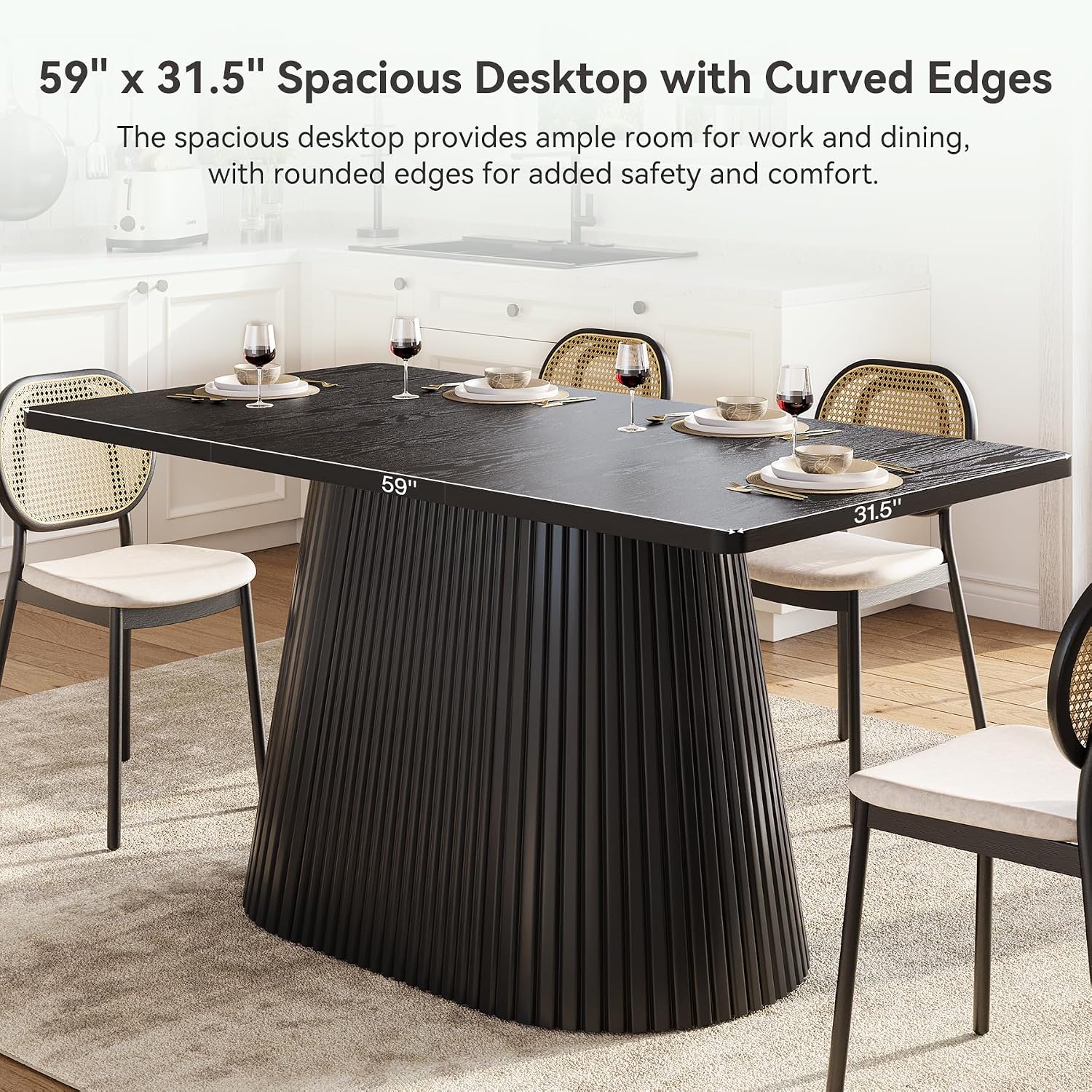 LITTLE TREE 59" Farmhouse Dining Table for 4-6 People, Modern Rectangular Kitchen Table with Metal Pedestal Base, Perfect for Dining Room, Kitchen, Living Room (Black)