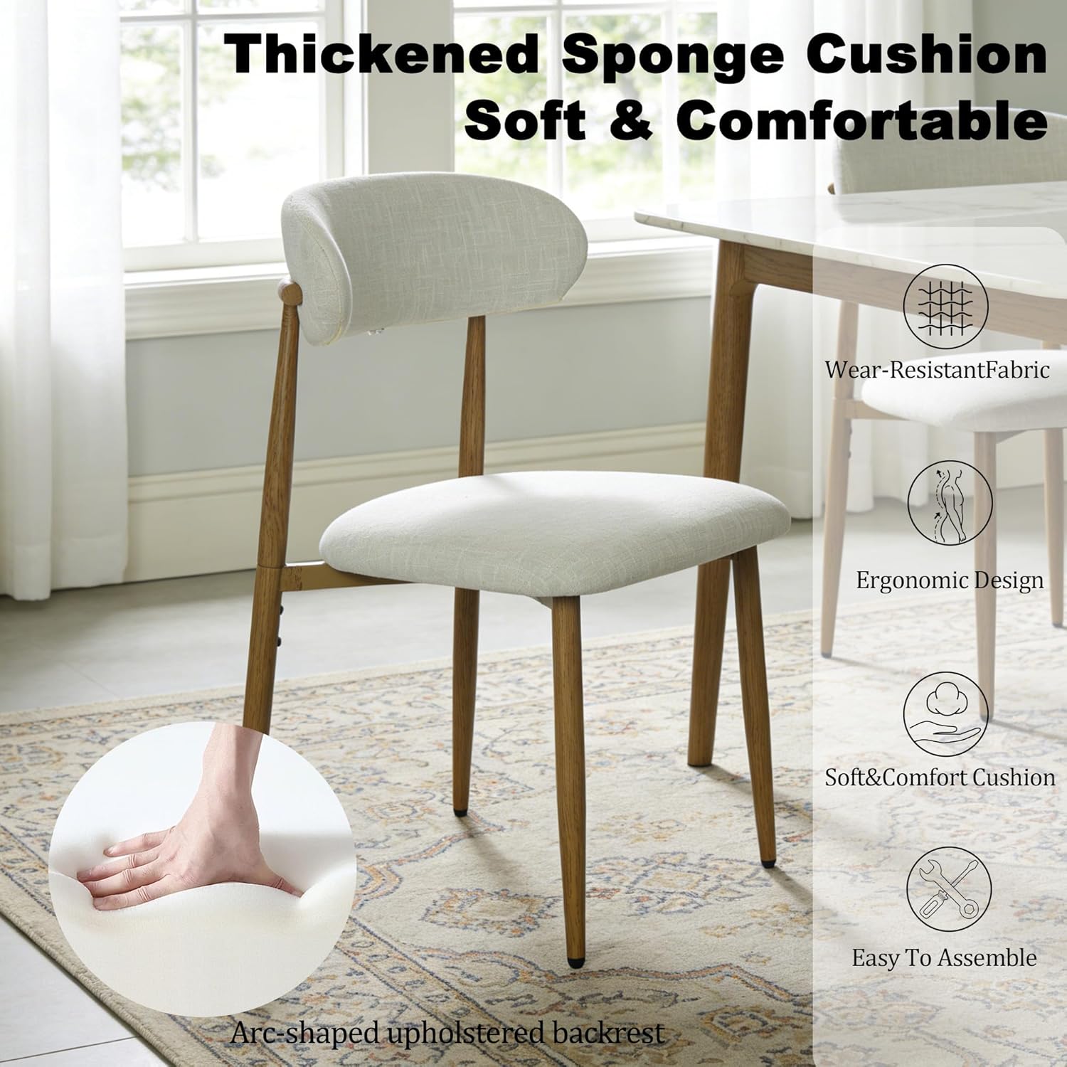 FREKEN Modern Upholstered Dining Chairs Set of 4, Mid-Century Metal Frame with Wood Grain, Linen Fabric Side Chair for Kitchen Dining Room, 350lbs Capacity, Beige