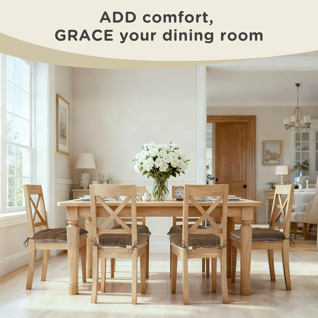 AddGrace Non-Slip Kitchen Chair Cushions Set of 2, D-Shape Dining Chair Pads with Ties, Tufted Seat Cushions for Kitchen and Dining Room, 18 x 16.5 x 3 inch (46 x 42 x 7.6 cm), Brown