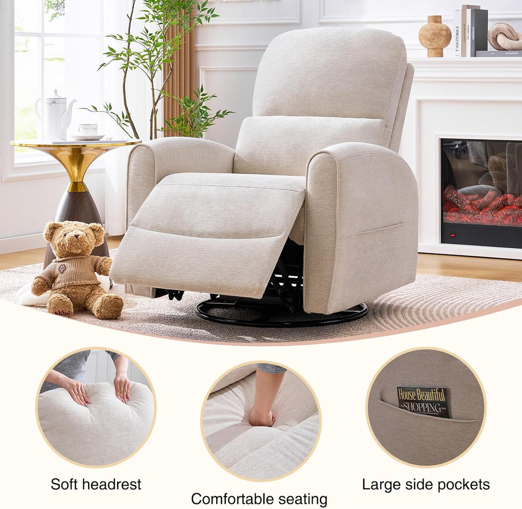 Swivel Rocker Recliner, Manual Swivel Glider Nursery Recliner Chair with Adjustable Headrest and Lumbar Support, Rocking Recling Chairs for Small Space, Living Room, Bedroom, Chenille Camel