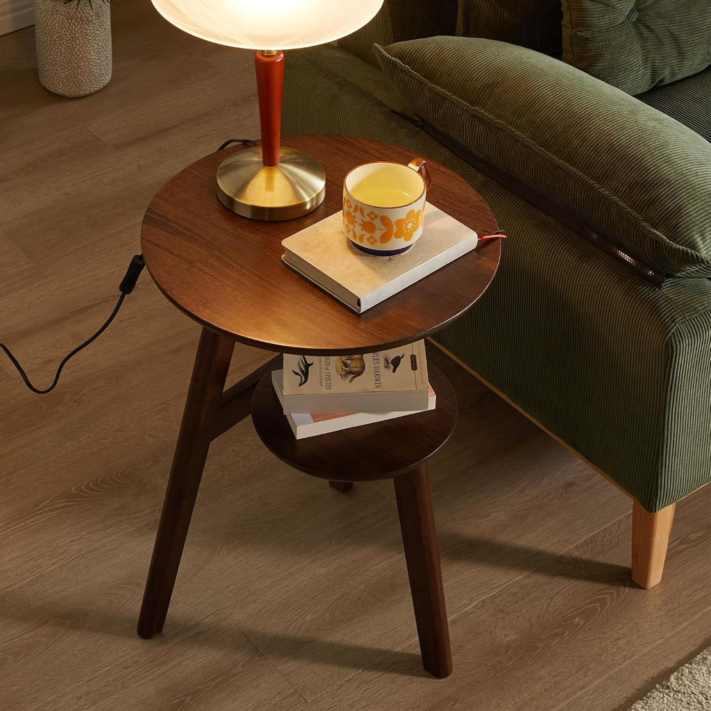 Side Table, Solid Wood 2-Tier Round End Table with Lower Storage Shelf, Small Nightstand for Living Room Bedroom, Modern Couch Coffee Tables