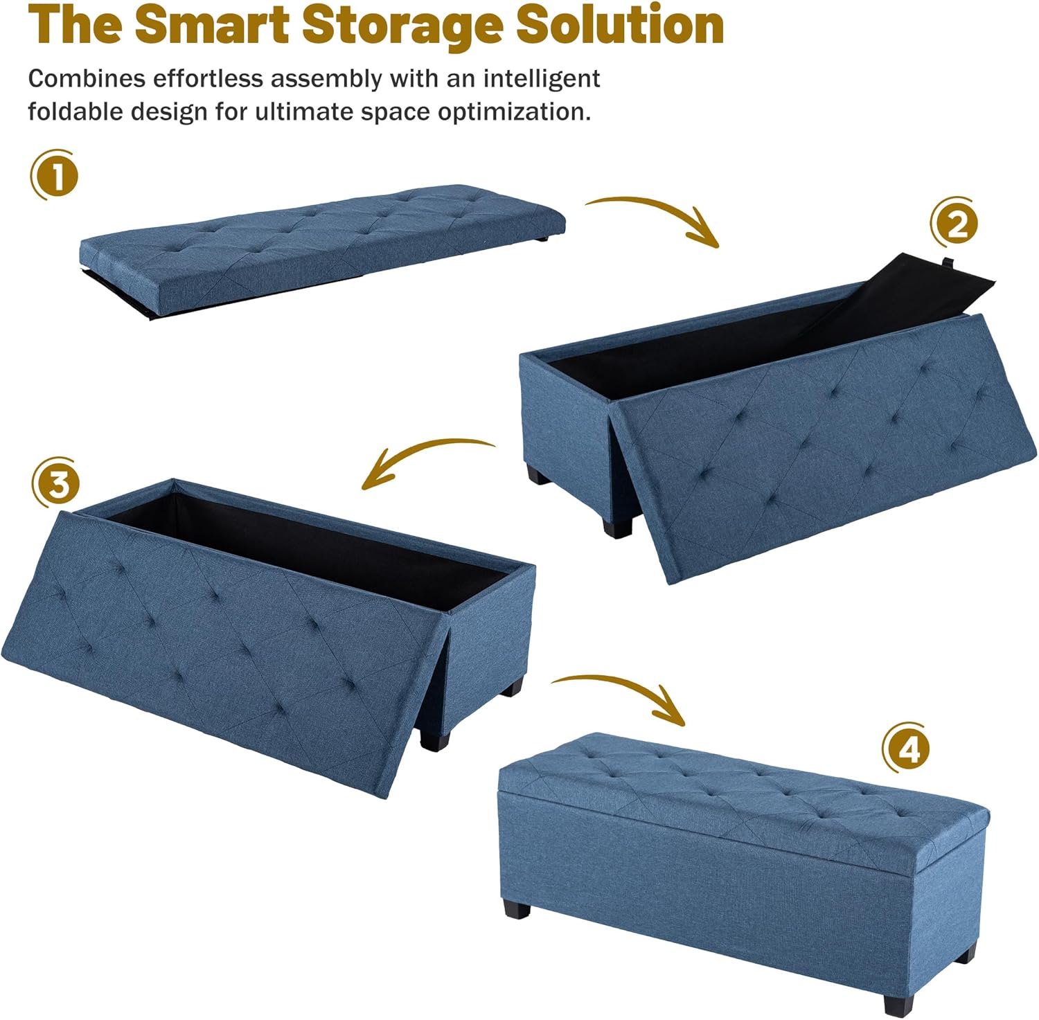 DUMOS Upholstered Storage Bench, End of Bed Ottoman, Extra Large 46.5 Gal (176L) Internal Volume, Foot Stool for Bedroom, Living Room, Sturdy Storage Chest, Blue, 43.3" L x 15.7" W x 15.7" H