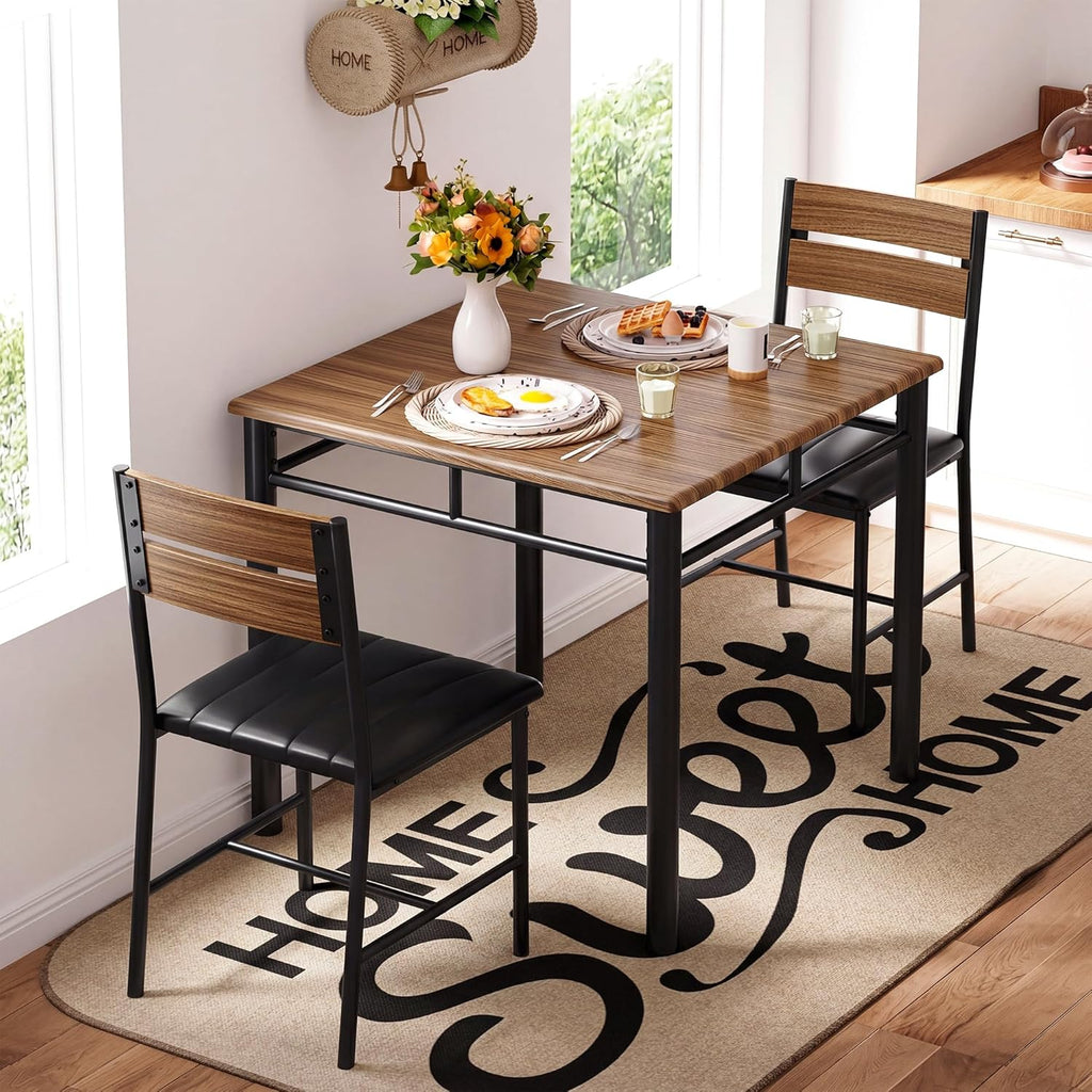 IRONCK Dining Table Set for 2, Small Kitchen Table with Upholstered Chairs for Kitchen & Dining Room, Compact Dining Set for Small Spaces, Walnut