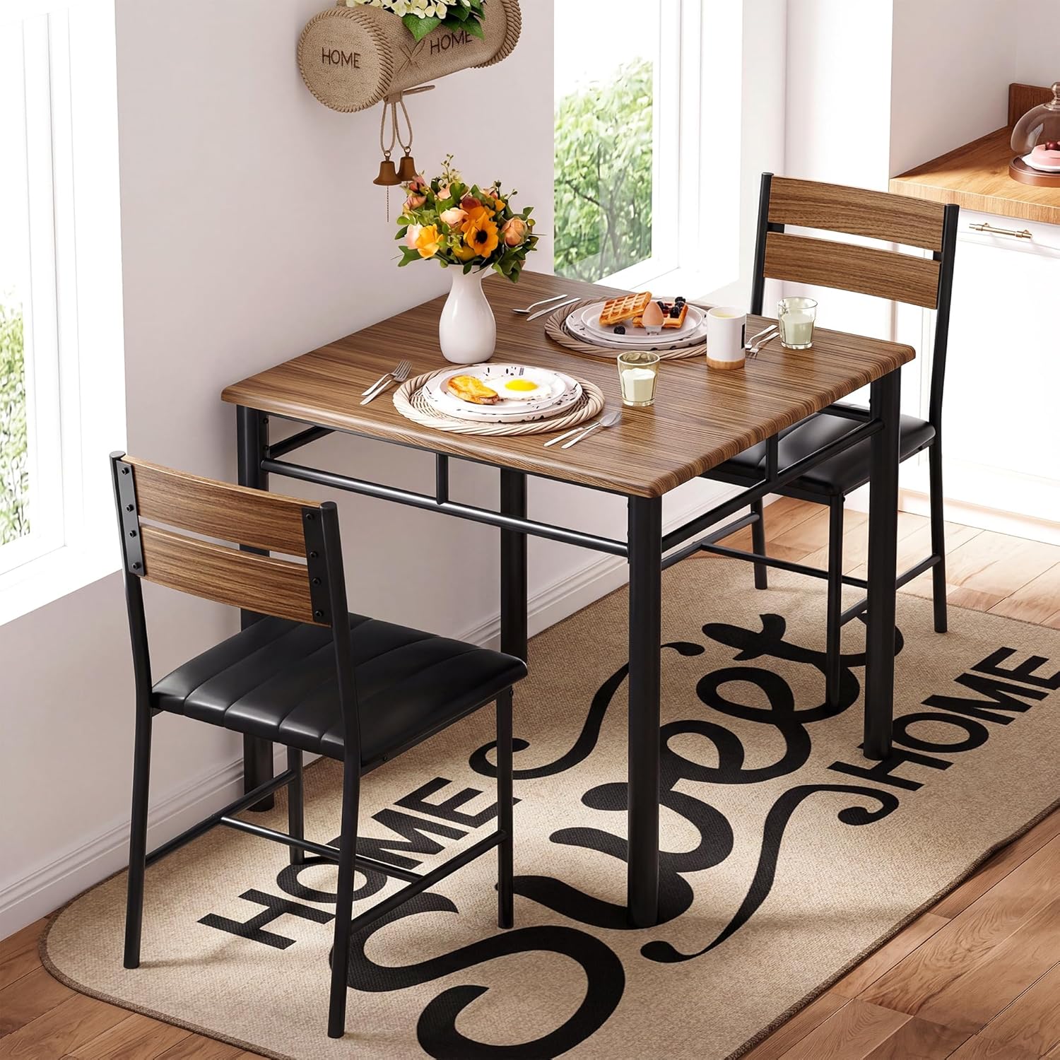 IRONCK Dining Table Set for 2, Small Kitchen Table with Upholstered Chairs for Kitchen & Dining Room, Compact Dining Set for Small Spaces, Walnut