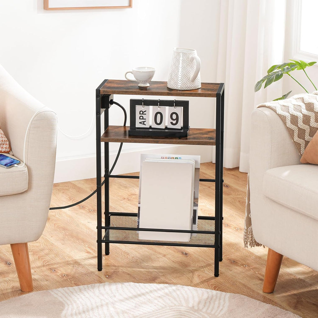 HOOBRO Small Narrow Side Table with Charging Station, Thin Sofa Table with Shelves, Slim Nightstand with USB Ports Outlet, for Hallway, Entrance, Living Room, Bedroom BF73XG01 BF102UBZ01