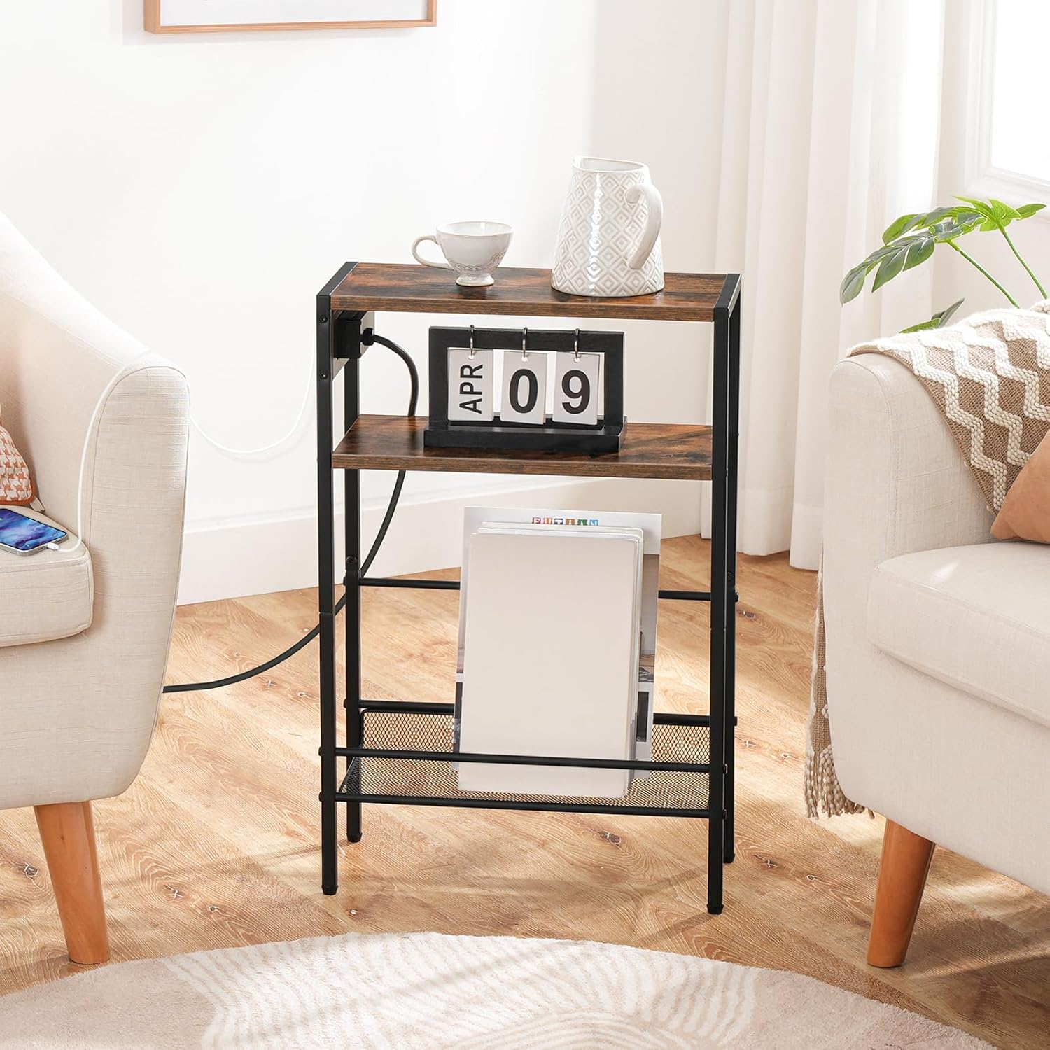 HOOBRO Small Narrow Side Table with Charging Station, Thin Sofa Table with Shelves, Slim Nightstand with USB Ports Outlet, for Hallway, Entrance, Living Room, Bedroom BF73XG01 BF102UBZ01